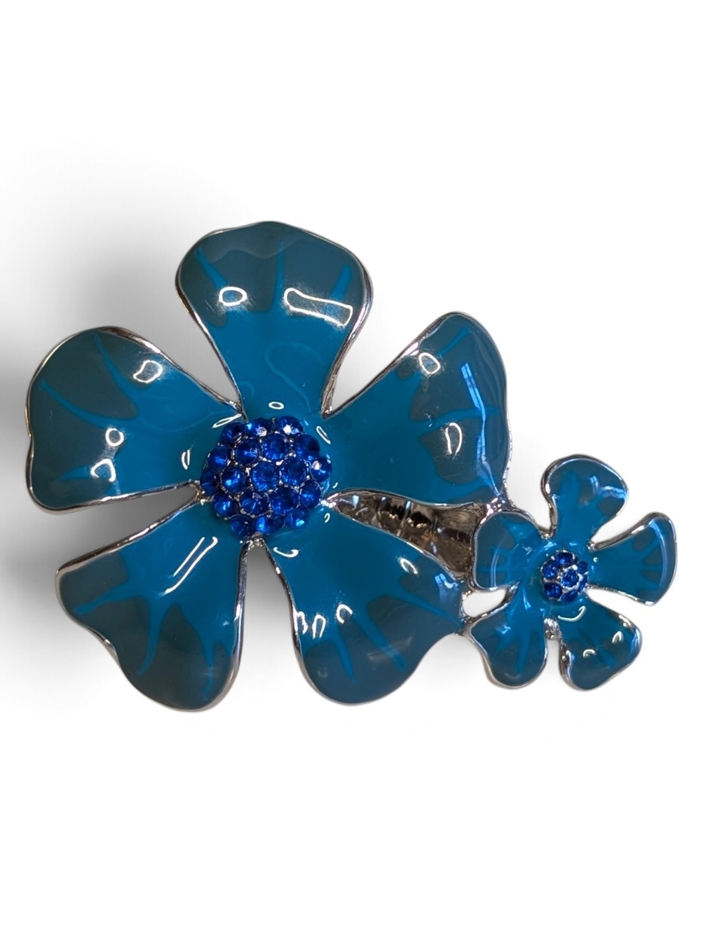 Teal Blue and Silver-Tone Floral Enamel Cocktail Ring w/ Stretch Band - EUC!